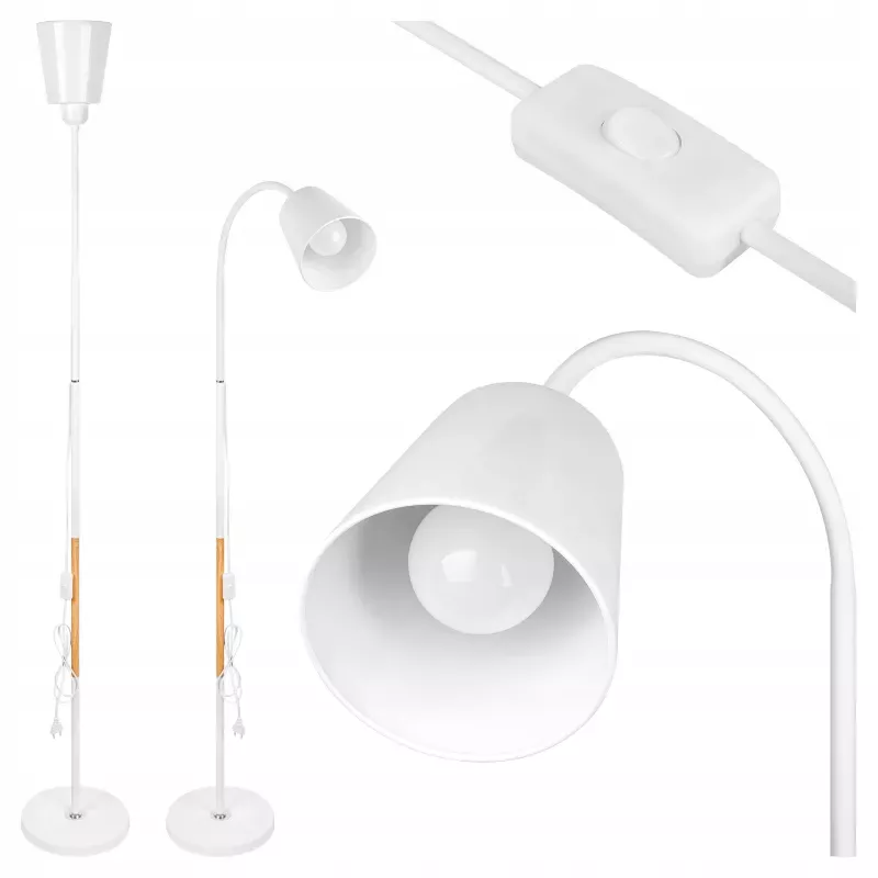 Lampa Stojąca Podłogowa LED biała 145cm Do Czytania E27 regulowana DREWNO-5904703022657