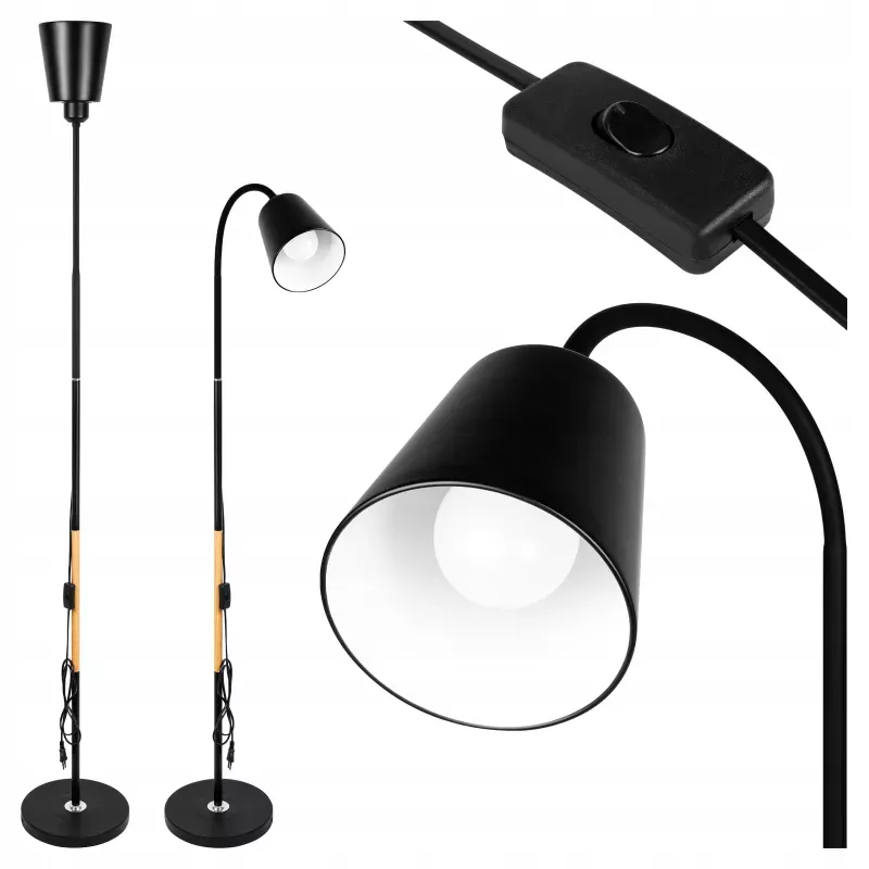 Lampa Stojąca Podłogowa LED czarna 145cm Do Czytania E27 regulowana DREWNO-5904703022664