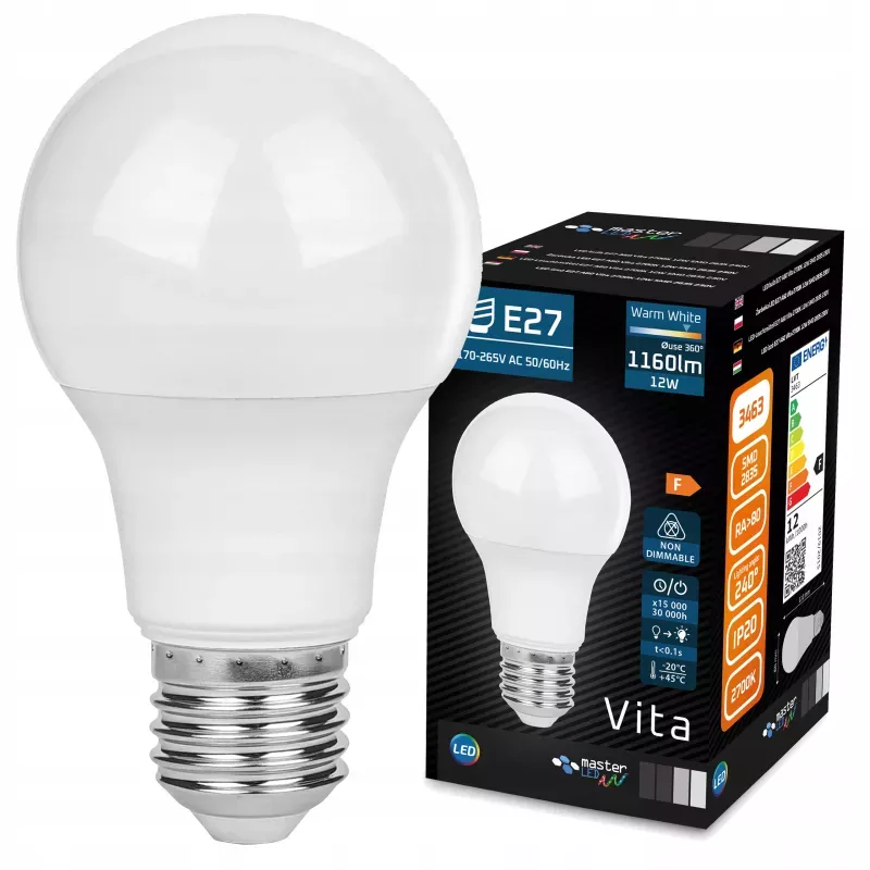 Żarówka LED E27 12W biały ciepły 2700K 1050lm kula A60 230V-5903002032954