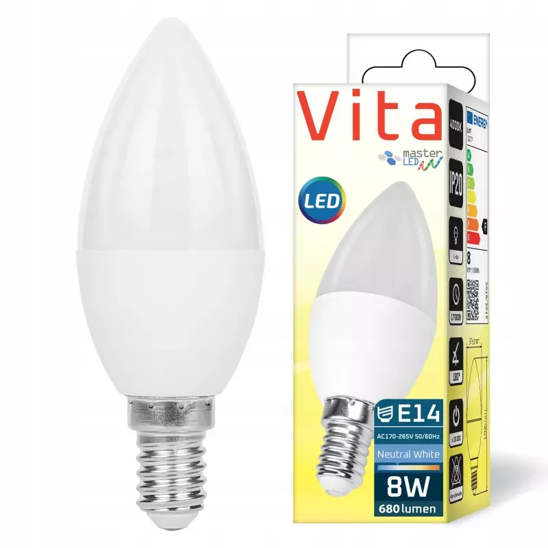 Żarówka LED E14 8W biały neutralny 4000K 230V PREMIUM MOCNA-5908263380042