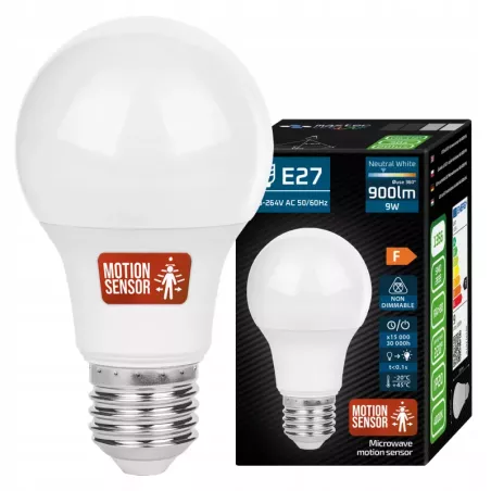 Żarówka LED E27 9W CZUJNIK RUCHU biały neutralny 4000K 230V mocna premium-5904703001935