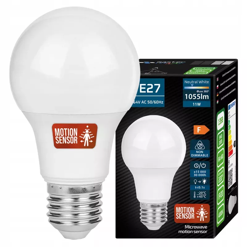 Żarówka LED E27 11W CZUJNIK RUCHU biały neutralny 4000K 230V mocna premium-5904703001959