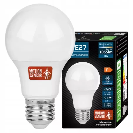 Żarówka LED E27 11W CZUJNIK RUCHU biały neutralny 4000K 230V mocna premium-5904703001959