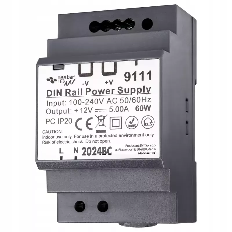 Zasilacz na szyne stałonapięciowy DIN 12V 60W 5A IP20 do rozdzielni-5904703018278