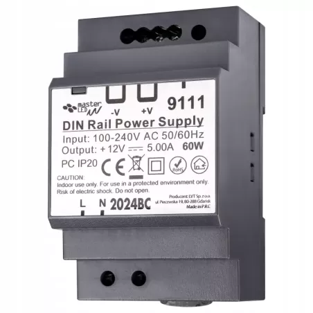 Zasilacz na szyne stałonapięciowy DIN 12V 60W 5A IP20 do rozdzielni-5904703018278