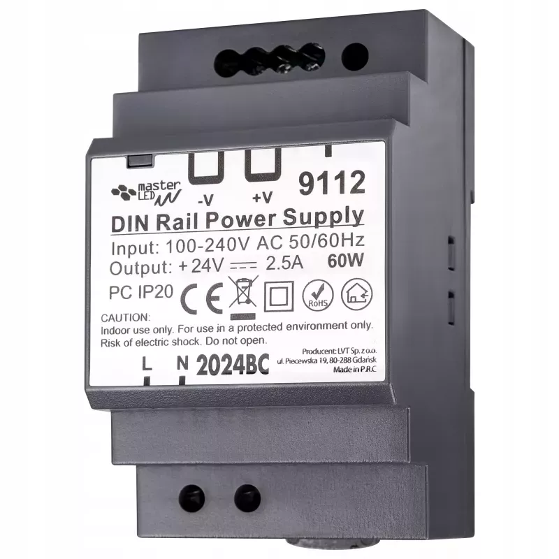 Zasilacz na szyne stałonapięciowy DIN 24V 60W 2,5A IP20 do rozdzielni-5904703018285