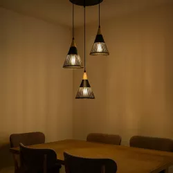 LAMPA WISZĄCA SUFITOWA 3x E27 ŻYRANDOL LOFT NOWOCZESNA STOŻEK drewno-5904703015260