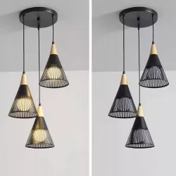 LAMPA WISZĄCA SUFITOWA 3x E27 ŻYRANDOL LOFT NOWOCZESNA STOŻEK drewno-5904703015260