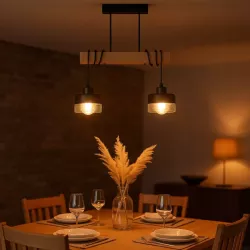 Lampa sufitowa wisząca żyrandol LED 2x E27 oprawa LOFT Drewniana szklana-5904703018469