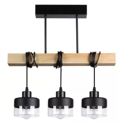 Lampa sufitowa wisząca żyrandol LED 3x E27 oprawa LOFT DREWNO szklana-5904703018476