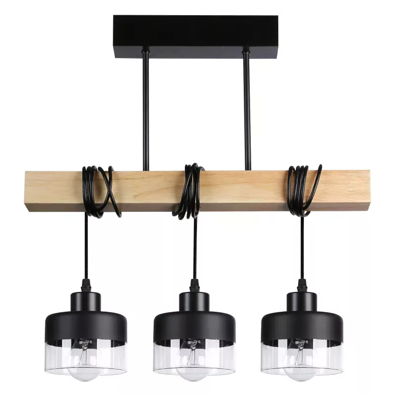 Lampa sufitowa wisząca żyrandol LED 3x E27 oprawa LOFT DREWNO szklana-5904703018476