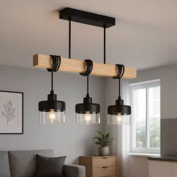 Lampa sufitowa wisząca żyrandol LED 3x E27 oprawa LOFT DREWNO szklana-5904703018476