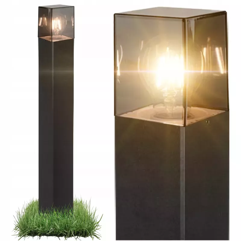 Lampa LED Ogrodowa stojąca słupek 80cm E27 CZARNA kwadrat, klosz dymiony-5904703019619