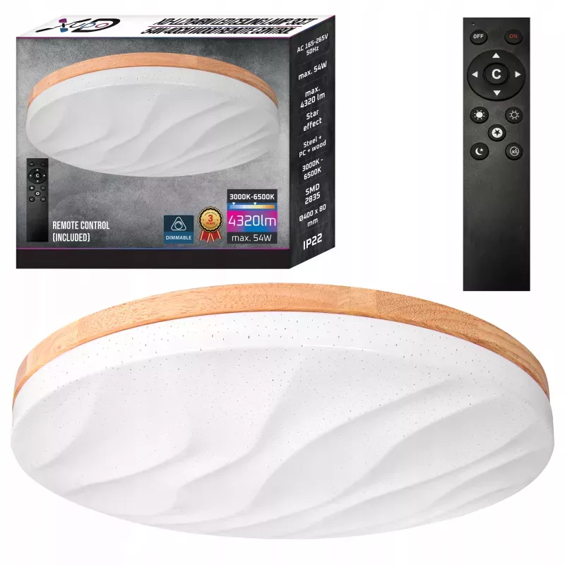 Lampa sufitowa plafon LED regulacja 54W 3 BARWY pilot BIAŁY drewno XUDO-5904703014836