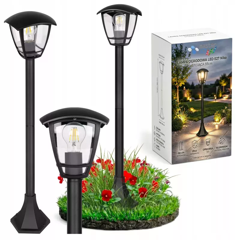 Lampa Ogrodowa stojąca słupek E27 93cm zewnętrzna LED czarna LATARNIA-5908263380691