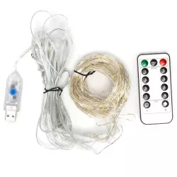 Biała kurtyna sople 3x3m LED 300 ciepłych lampek z pilotem na 5V z USB - 8433325385569