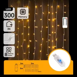 Biała kurtyna sople 3x3m LED 300 ciepłych lampek z pilotem na 5V z USB - 8433325385569