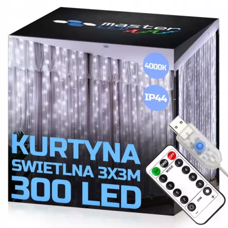 Kurtyna świetlna 300 LED BIAŁY ZIMNY Girlanda Lampki 6500K 3x3m USB +pilot-5904703002956