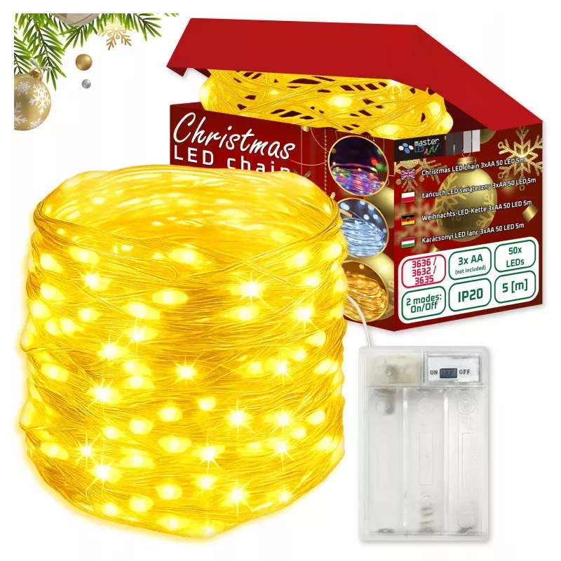 Łańcuch świąteczny 50 LED BIAŁY CIEPŁY Girlanda Lampki 2700K 5m 3xAA-5904703011118