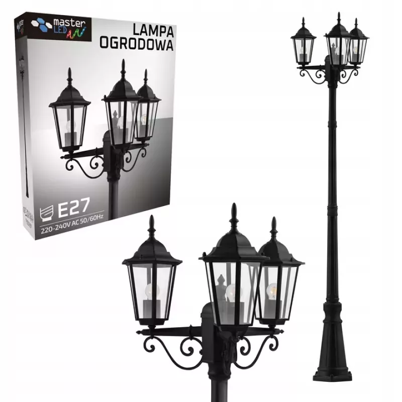 Słupek oświetleniowy lampa ogrodowa latarnia E27 3x218,5 cm czarny-5904703007234