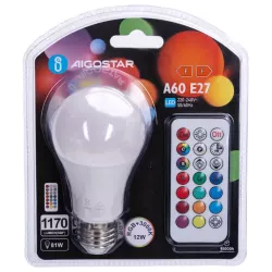 Żarówka LED A60 E27 12W RGB+3000K kolorowa ciepła z pilotem - 8433325418359