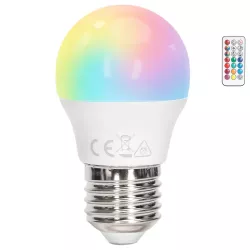 Żarówka LED G45 E27 4.8W RGB+3000K kolorowa i ciepła kulka z pilotem - 8433325418373