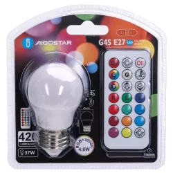 Żarówka LED G45 E27 4.8W RGB+3000K kolorowa i ciepła kulka z pilotem - 8433325418373