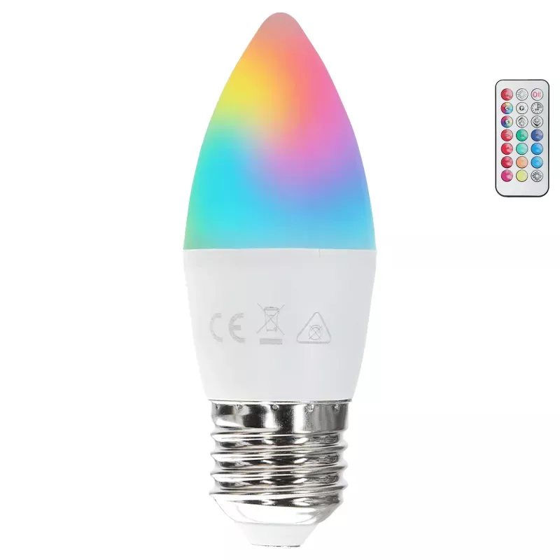 Żarówka świeczka LED C37 E27 6W RGB+3000K kolorowa i ciepła z pilotem - 8433325418427