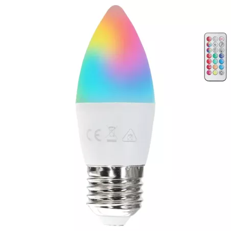 Żarówka świeczka LED C37 E27 6W RGB+3000K kolorowa i ciepła z pilotem - 8433325418427