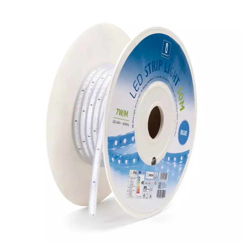 Niebieska taśma LED 230V wysokonapięciowa 8mm 120led/7w/m 50mb IP65 - 8433325213022